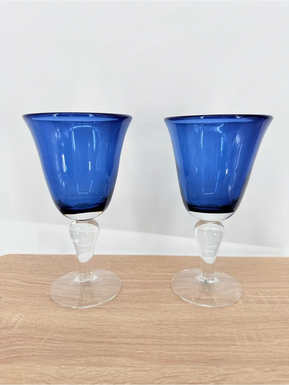 Cobalt Blue Water Wine Goblets Set of 2 Hand Blown Glass Drinkware Coastal